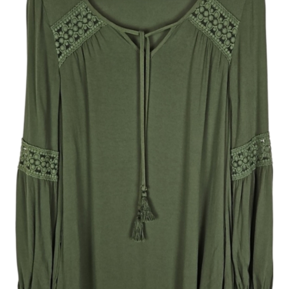Boho Longsleeve Lace Trim Tie Front Shift Dress in Asparagus Green, XXS - Picture 2 of 6